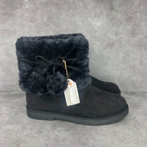 Makalu Tani Faux Fur Lined Pom Pom Boot bootie, Black, Women's 10